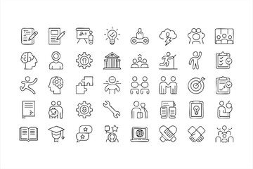 Training and development icon set for teamwork strategy productivity and personal improvement