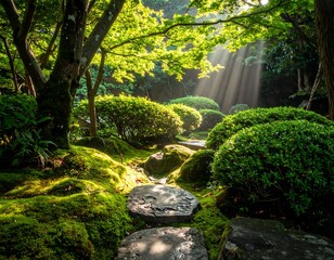 Sunlit pathway through a serene, mossy Japanese garden