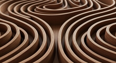 Closeup of undulating light brown wooden strips with visible grain forming a layered abstract pattern