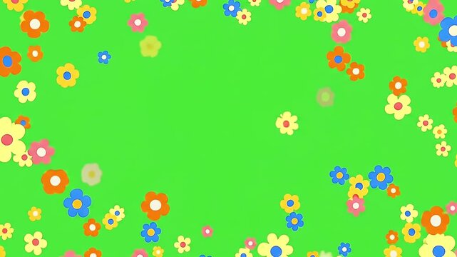 Animated Colorful Flowers Frame on Green Screen Background.