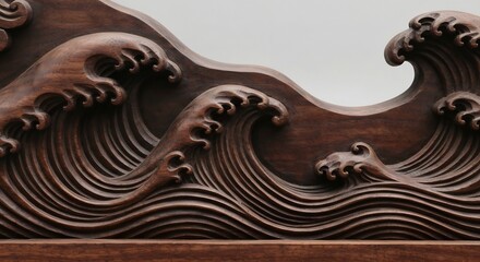 Detailed dark brown wood carving depicting multiple ocean waves with crests and flowing lines against a light background