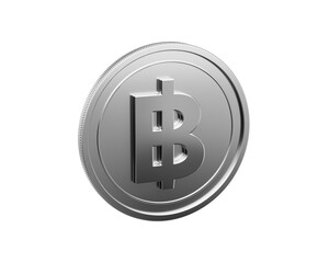 3D render of a gleaming silver Thai Baht coin on a black background.