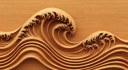 Detailed wooden carving depicting stylized ocean waves with flowing lines and foamy crests