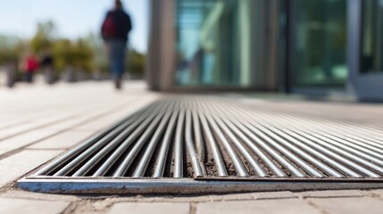 Close Up of Metallic Drainage Grate on Paved Surface Leading to Building Entrance with Blurred Figures