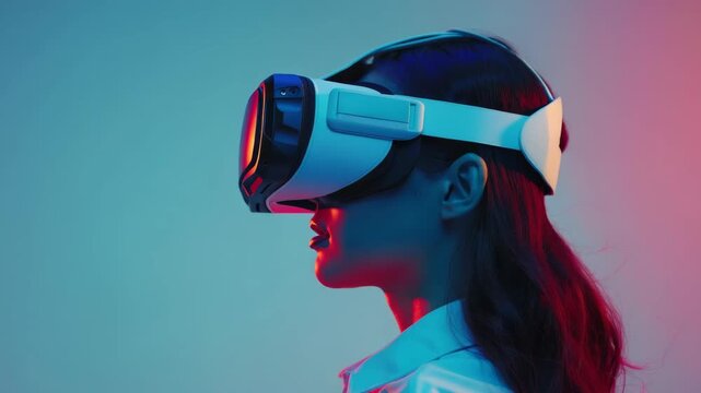 Person wearing VR headset illuminated by neon light