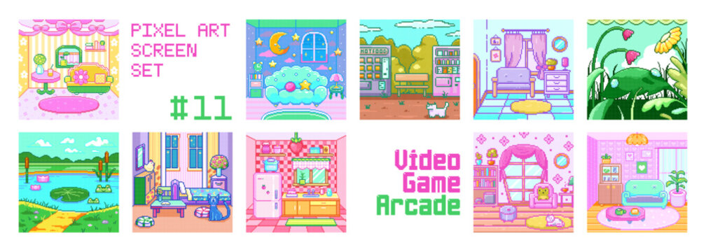 Pixel Art Background Scenes Set. Cute Retro 8Bit Rooms, Landscapes and Game Screens for RPG Worlds, Platformer Levels and Decorative Pixel UI Design