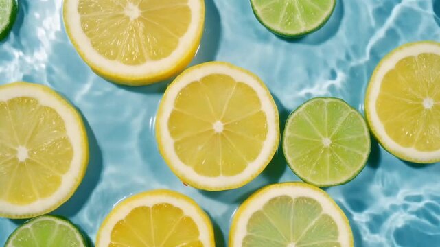 Freshly Sliced Citrus Fruits of Lemons and Limes Floating in Clear Blue Water with Ripples