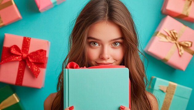 Chica estudiante juguetona asom&aacute;ndose tras un libro entre montones de regalos coloridos