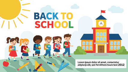 Joyful and diverse group of elementary students with backpacks walking to school, a vibrant illustration capturing the excitement of a new academic year and the journey of learning