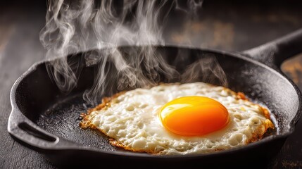 Close Up Of A Sunny Side Up Egg Cooking In A Cast Iron Skillet With Steam Rising