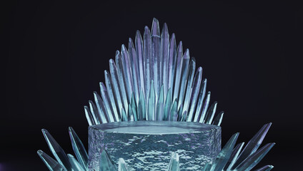 Crystal Ice Crown with Blue Icicles Surrounding Frozen Platforms in Dark Studio Glistening Backdrop.