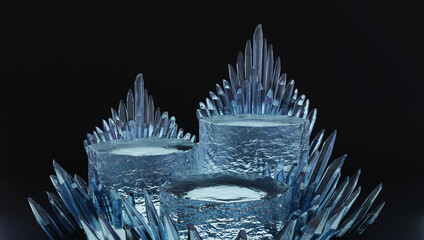 Crystal Ice Crown with Blue Icicles Surrounding Frozen Platforms in Dark Studio Glistening Backdrop.