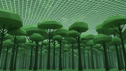 Stylized low poly forest canopy with geometric green trees and lattice ceiling.