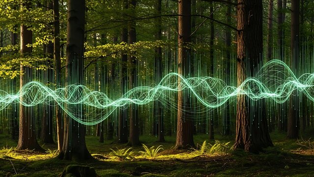 Abstract green sound wave visualization superimposed on a dark forest background. - Powered by Adobe