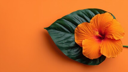 Vibrant Orange Hibiscus Flower with Dark Green Leaf on Solid Orange Background