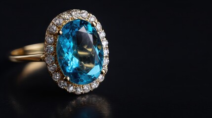 Close Up Shot of a Gold Ring with a Large Blue Gemstone and Surrounding Diamonds on a Black Background