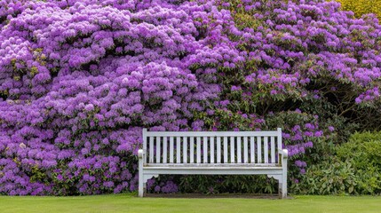Empty park bench sits before a wall of vibrant purple blooming flowers.
