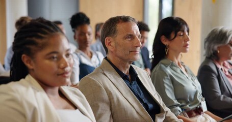 Conference room, listening and business people at seminar for corporate training, education or learning. Smile, knowledge or audience at workshop for productivity info, attention or staff development