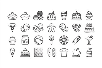 Dessert and bakery icon set for sweets candy pastries treats and cafe menu graphics