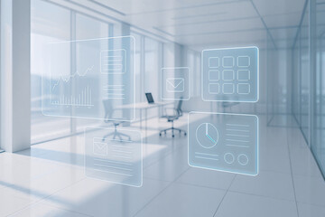 Modern Workspace with Holographic Interface: A sleek, futuristic office space is enhanced with a holographic user interface displaying data, charts, and digital information.