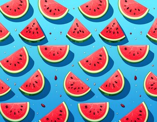 A pattern with cut triangular watermelon slices on a blue backdrop