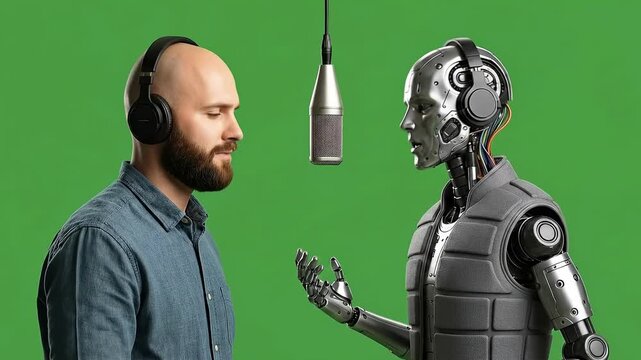 Man with headphones interviewing a humanoid robot on a green screen.