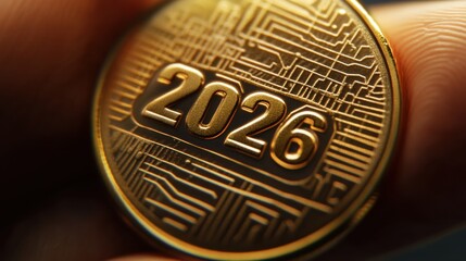 Macro shot of futuristic golden coin with number 2026 and circuit pattern held between fingers in soft light