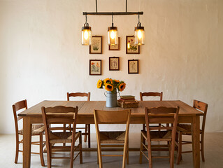 Rustic dining room with wooden furniture, industrial pendant lights, sunflowers, and botanical wall art.