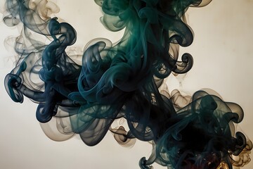 Abstract swirling dark green and blue ink clouds in water
