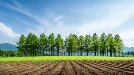 Expansive Green Field with Row of Trees Against Blue Sky and Clouds