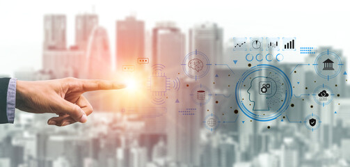 An advanced AI system for business and financial analysis. A futuristic interface for commanding an AI to process data from various domains. Motif