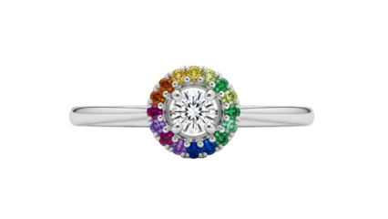 Silver Diamond Ring Product Shot with Rainbow Gemstone Halo isolated PNG with Transparent Background