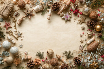 Rustic and Vintage Christmas Winter Holiday flat lay with natural, muted tones, surrounding a central blank paper area. copy space