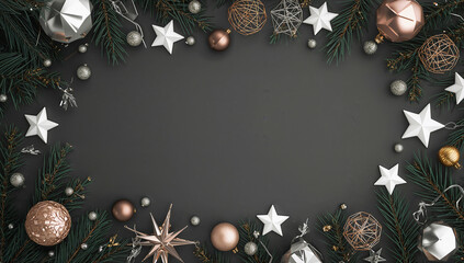 Elegant flat lay featuring rose gold, bronze, and silver ornaments with geometric stars and dark pine branches framing a sophisticated background, surrounding a central blank area. copy space