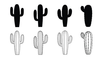 Black and white cactus illustrations with varying styles and details displayed