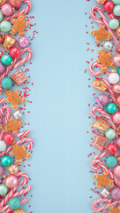 Festive border of gingerbread men, candy canes, and bright ornaments on soft blue. Perfect for holiday stories, mobile wallpapers, and greetings, surrounding a central blank area. copy space