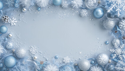 Icy blue and silver winter-themed flat lay with sparkling ornaments, snowflakes, glitter, and feathery accents surrounding a cool blue central area. copy space