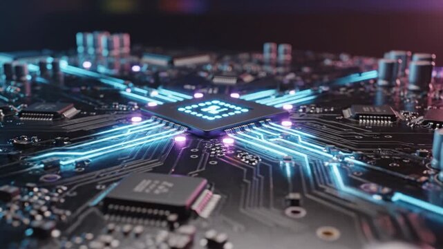 Microchip circuit board with glowing blue light and electronic components showcasing modern technology close up view of intricate digital connections and advanced component design
