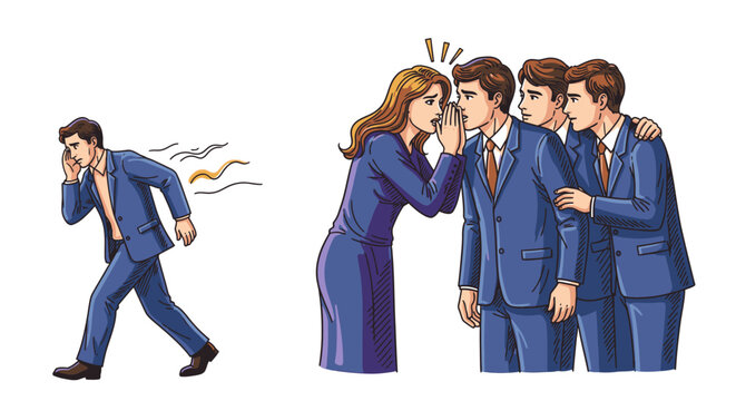A distressed man walks away, hearing whispers, as a group of colleagues secretly gossips, illustrating workplace rumors and social exclusion.