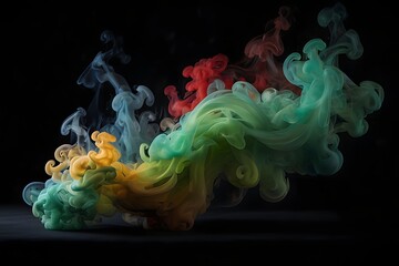 Colorful ink swirling and blooming in dark water abstract background