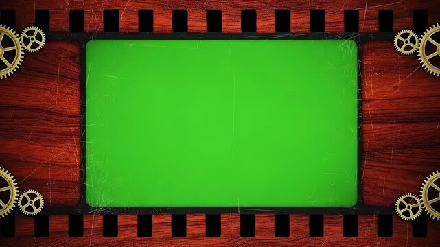 Vintage Film Strip Frame with Green Screen and Gears on Wood Background.