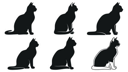 Silhouettes of cats in various seated and alert poses black and white © SHM707k