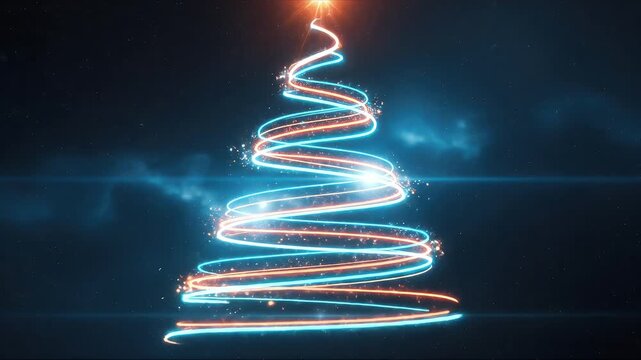 Vibrant swirling neon Christmas tree outline glowing blue and orange against a dark star field background generating bright festive light flare