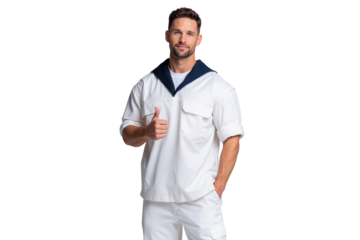 Man in sailor uniform giving thumbs up, smiling, hand in pocket, isolated on transparent background