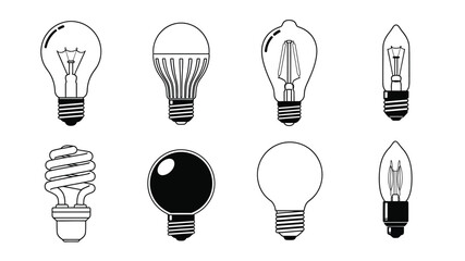 A collection of various light bulb designs in a simple black and white style