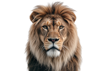 Close-up face of a big lion isolated on white background, png