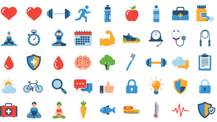 Vibrant vector collection of essential health, fitness, and medical icons, meticulously designed as digital asset components for diverse wellness and active lifestyle applications
