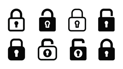 Collection of black padlock icons in various styles and designs