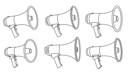 A collection of outlined megaphones arranged in a grid pattern