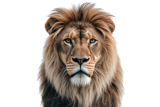 Close-up face of a big lion isolated on white background, png - Powered by Adobe